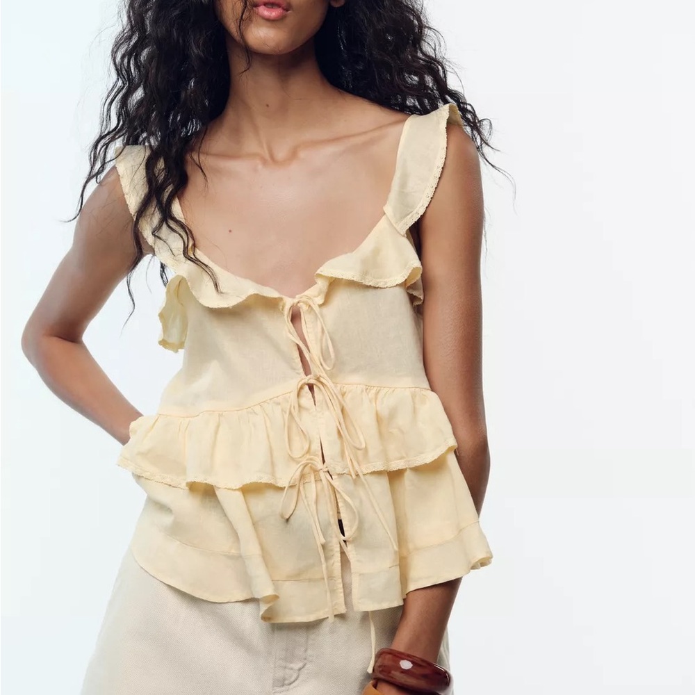 Zara linen lace trim ruffled top in light yellow - large